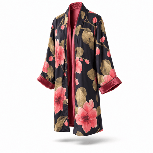 Omkeerbare kimono van fluweel en satijn – Ruby Bloom - Kimomi